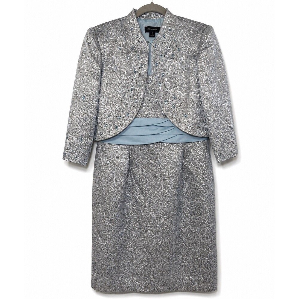 R&M Richards Dress Jacket Set Women's 8 Silver Blue Paisley Jacquard Formal